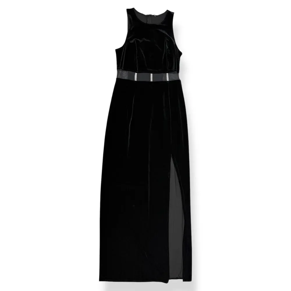 90's sexy black velvet long fitted dress with high slit and mesh crystal trim - Picture 2 of 16